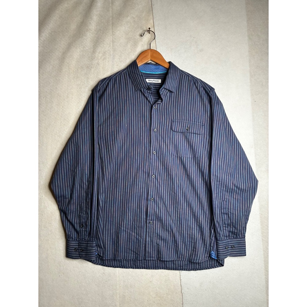 Tommy‎ Bahama Mens Large Blue Striped Long Sleeve Button Up Shirt Cotton Blend